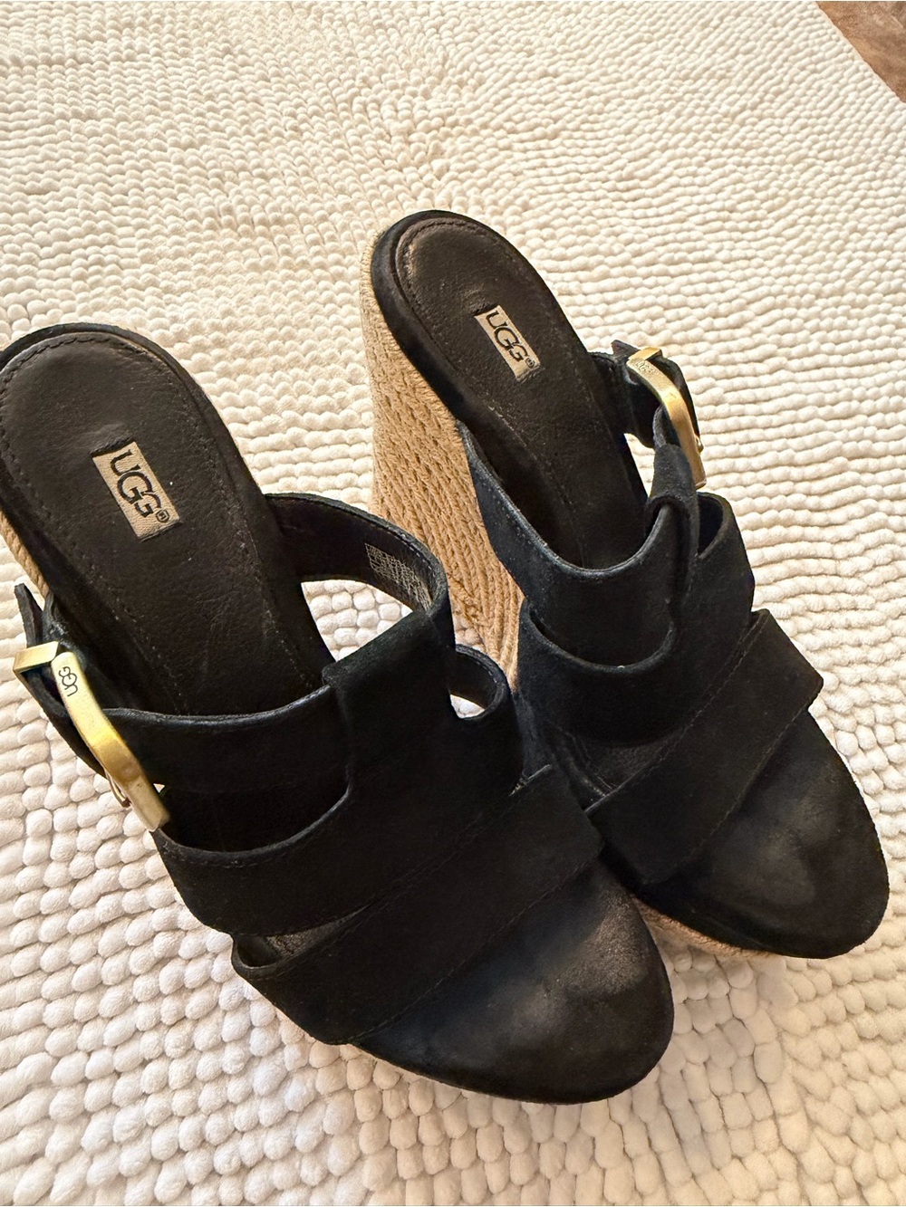 UGG Black Suede Espadrille Wedge Sandals with Gold Buckle Size 5 - Picture 4 of 6